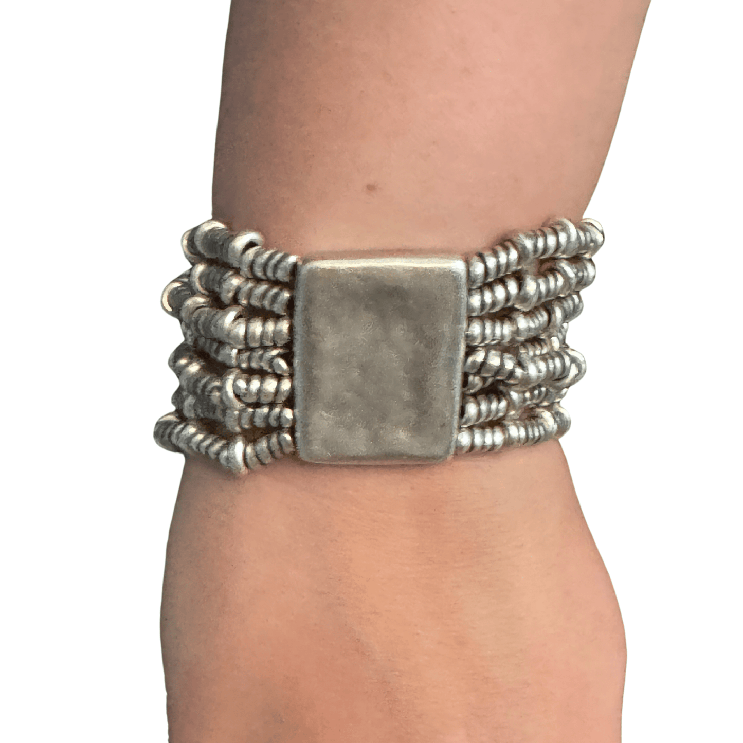 BOHO SQUARE MULTI CHAIN STRETCH PEWTER BRACELET