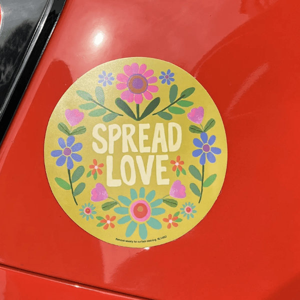 Car magnet with motivational message to brighten your commute Love-themed car magnet for expressing positivity on the road Magnetic vehicle decal to share love and joy while driving Positive message car magnet for spreading smiles Eye-catching spread love car accessory for vehicles Magnetic car embellishment with heartwarming message