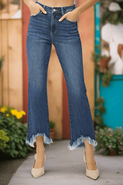 High Rise Fray Hem Ankle Bootcut Jeans