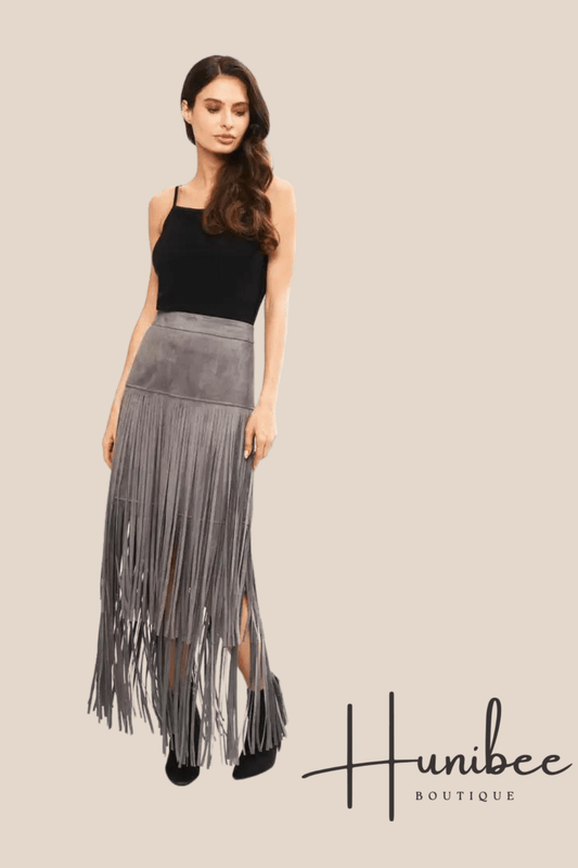 SUEDE FRINGE SKIRT - FAUX GREY FRINGE SKIRT